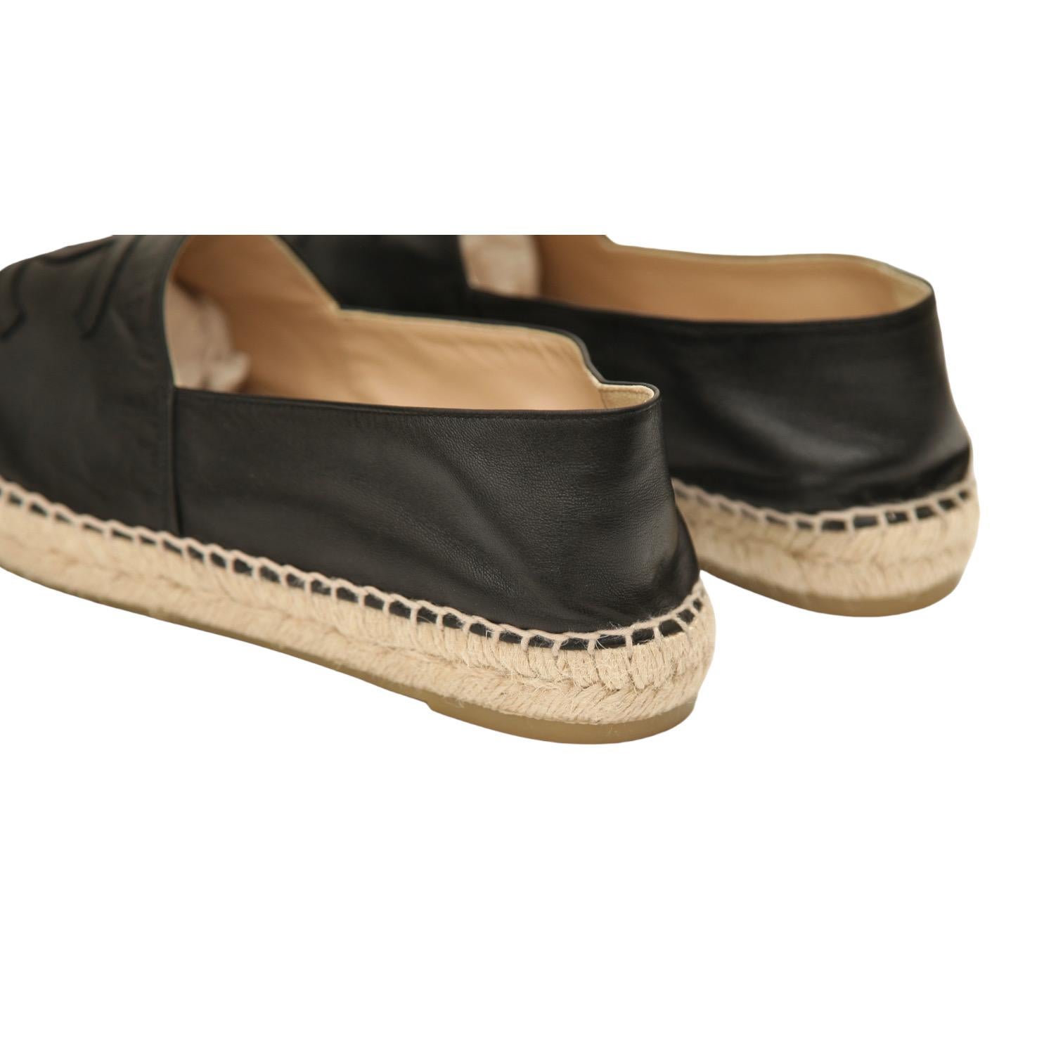 CHANEL Black Lambskin Leather Espadrilles Loafers Flats Cap Toe CC Shoes Sz 40 4
