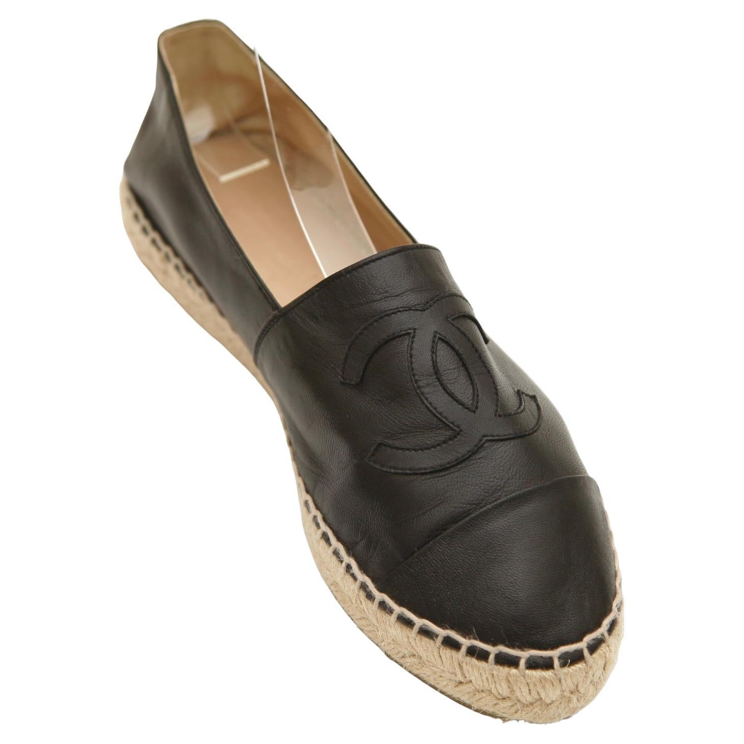 CHANEL Black Lambskin Leather Espadrilles Loafers Flats Cap Toe CC