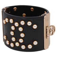 Chanel Black Lambskin Leather & Faux Pearl Matte Gold Tone CC Bracelet