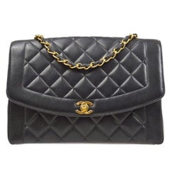 CHANEL Black Lambskin Leather Gold Diana Jumbo Evening Shoulder Flap Bag