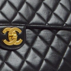 CHANEL Black Lambskin Leather Gold  Evening Shoulder Jumbo Flap Bag