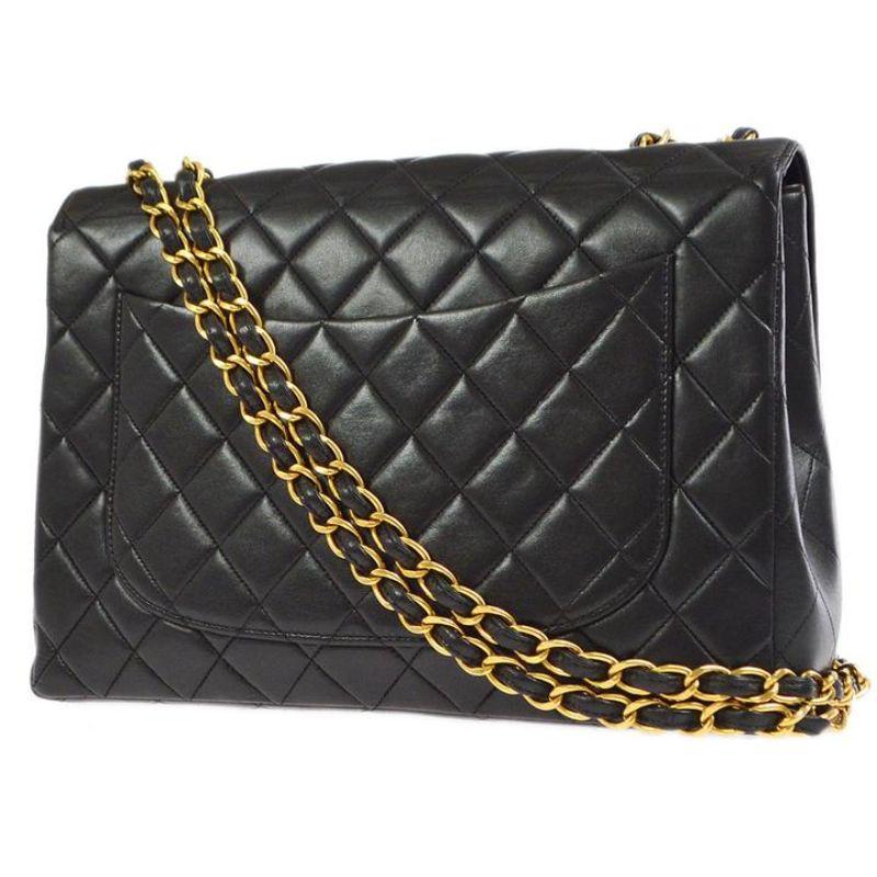 Women's CHANEL Black Lambskin Leather Gold  Evening Shoulder Jumbo Flap Bag For Sale