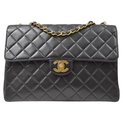 CHANEL Black Lambskin Leather Gold Evening Shoulder Jumbo Flap Bag