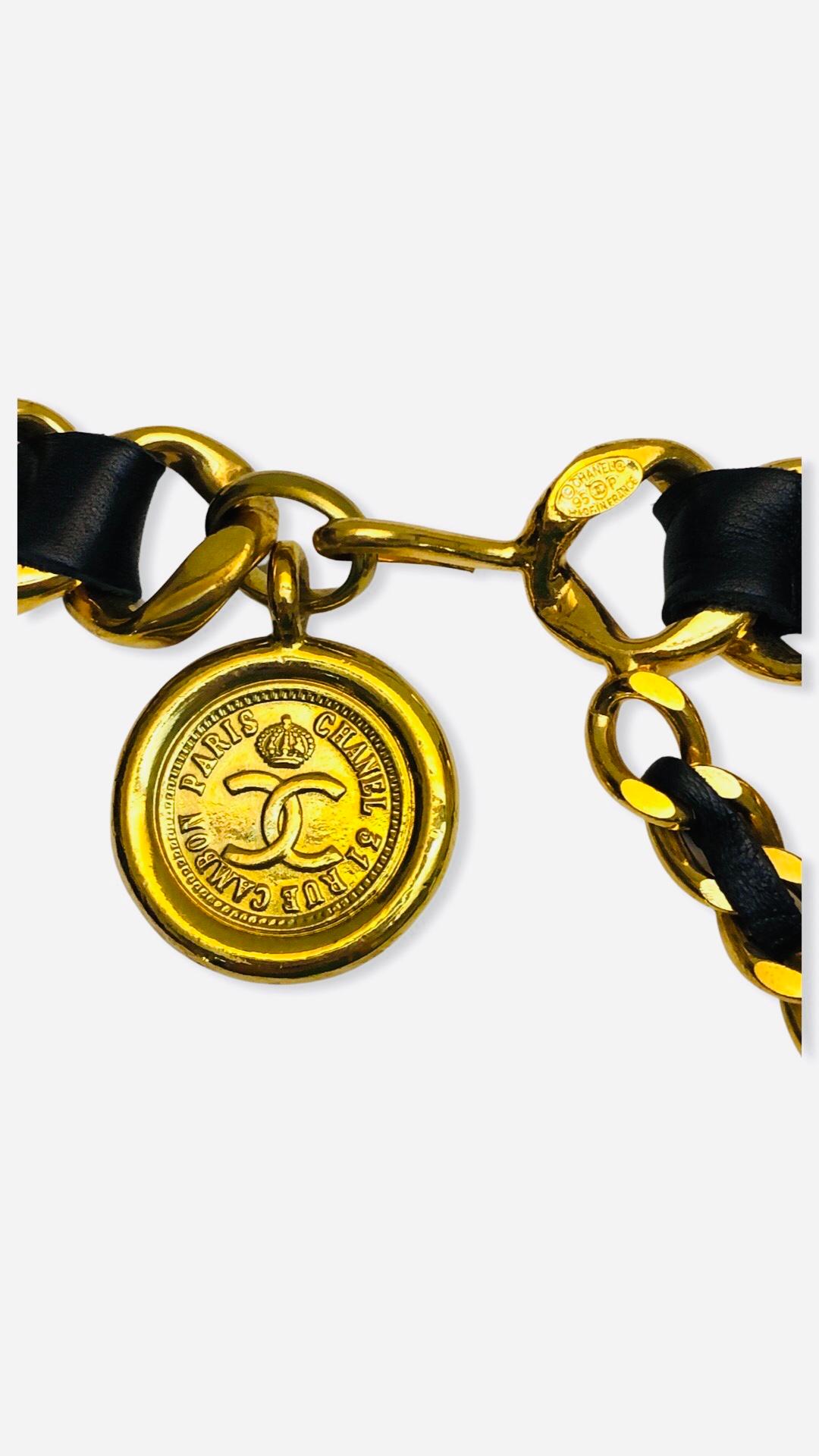 Beige Chanel Black Lambskin Leather Gold Hardware Chain Medallion Belt For Sale