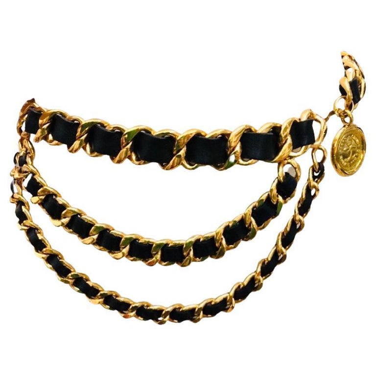 Chanel Black Lambskin Leather Gold Hardware Chain Medallion Belt For Sale