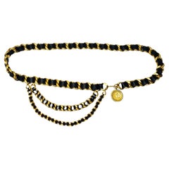 Vintage Chanel Black Lambskin Leather Gold Hardware Chain Medallion Belt