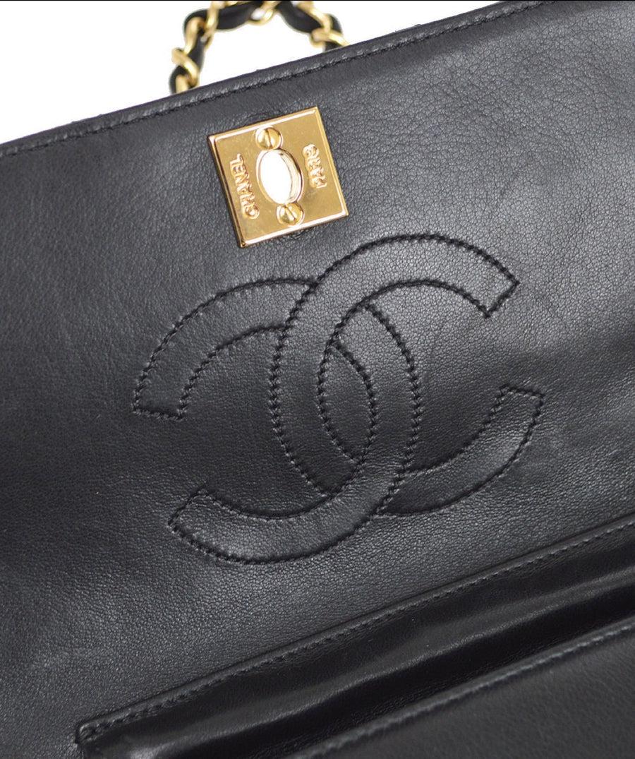 Women's CHANEL Black Lambskin Leather Gold Hardware Small Evening Shoulder Flap Bag For Sale