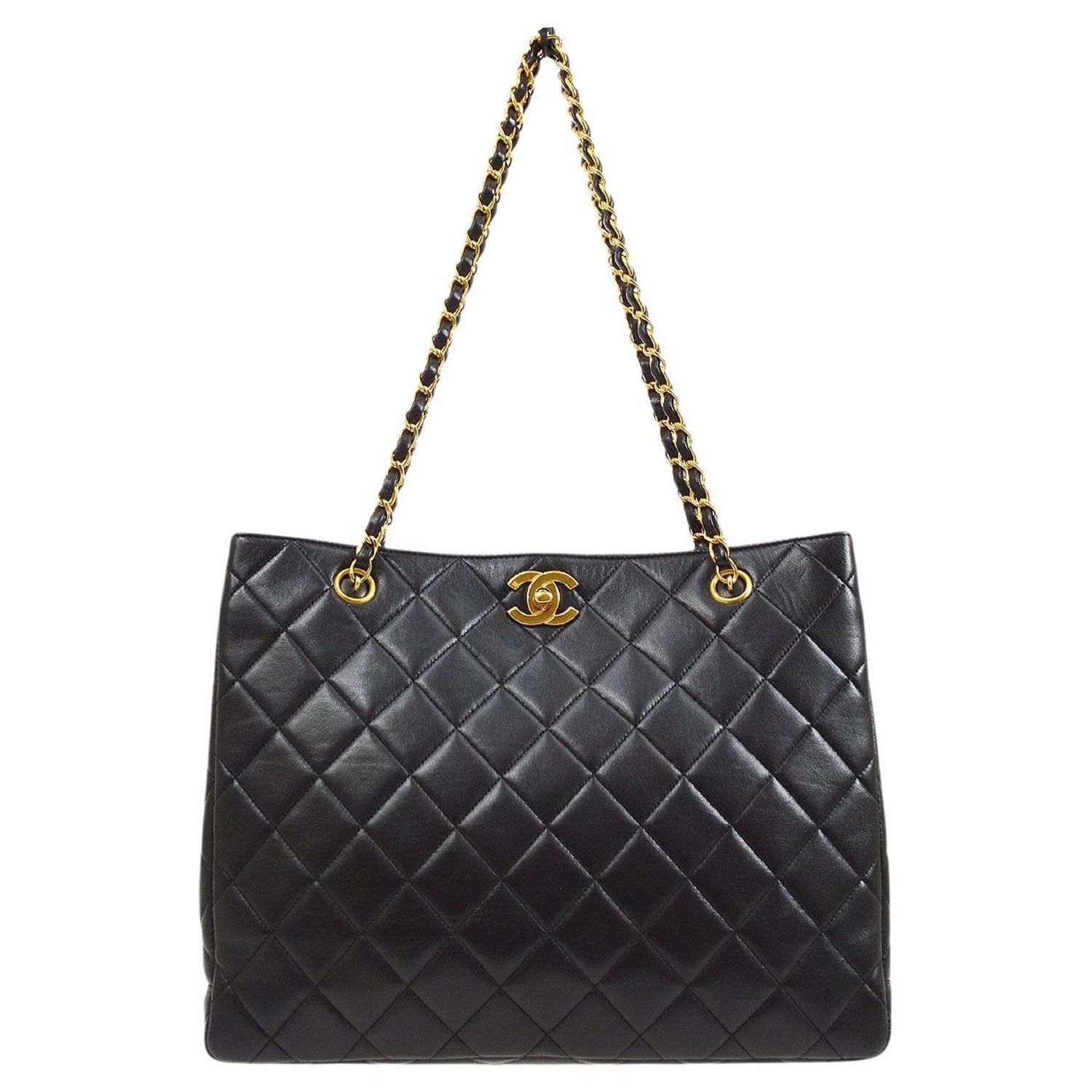 CHANEL CC Black Lambskin Quilted Gold e Evening Carryall Shoulder Tote Bag