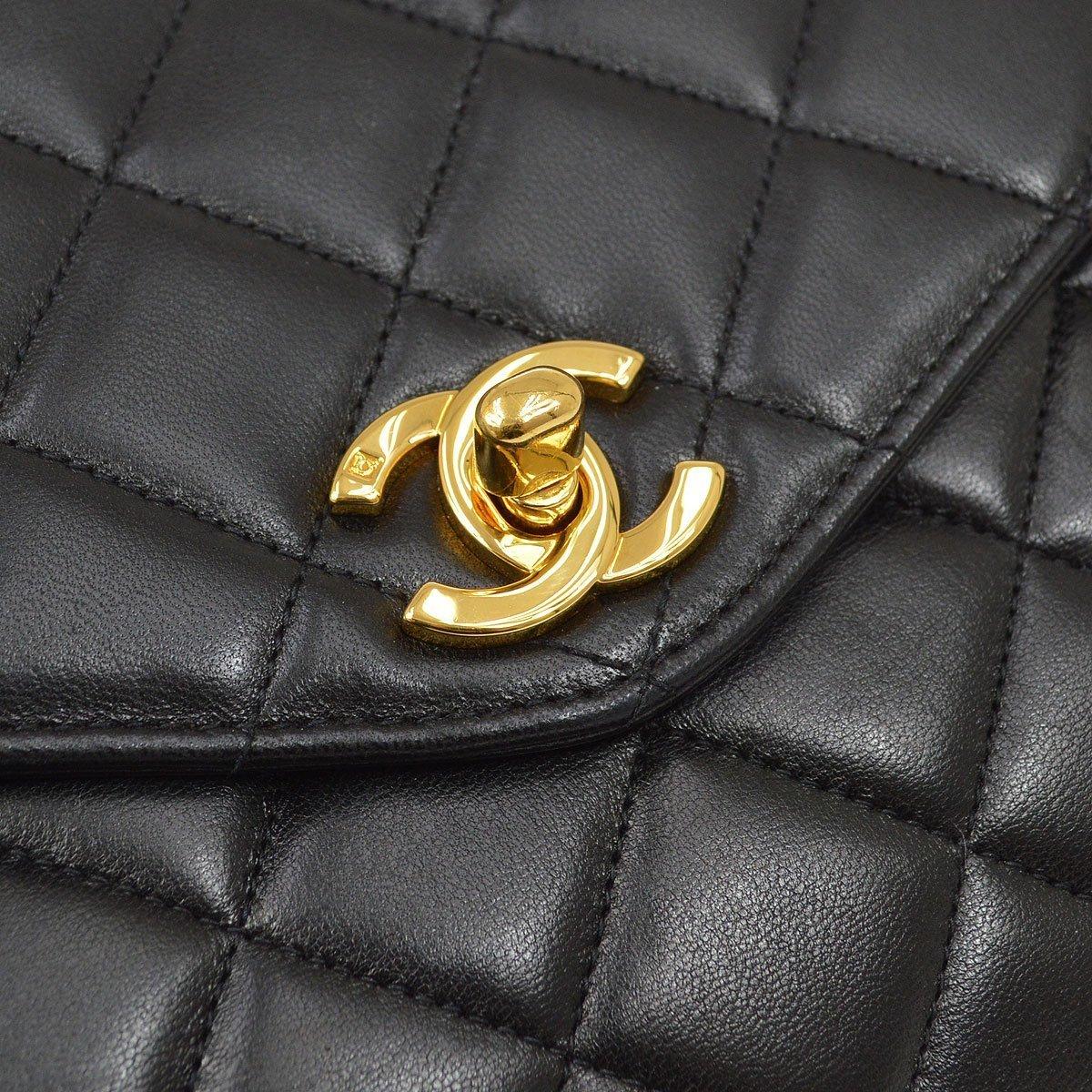 CHANEL Black Lambskin Leather Gold Medium Evening Top Handle Shoulder Flap Bag In Good Condition In Chicago, IL