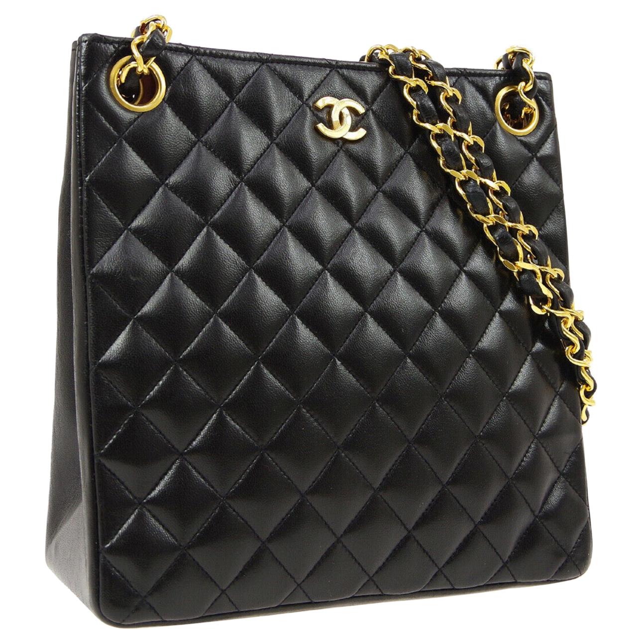 Chanel Black Lambskin Leather Gold Shopper Shoulder Carry All Bag