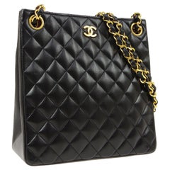 Vintage Chanel Black Lambskin Leather Gold Shopper Shoulder Carry All Bag