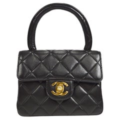 CHANEL Black Lambskin Leather Gold Small Micro Mini Kelly Top Handle Evening Bag