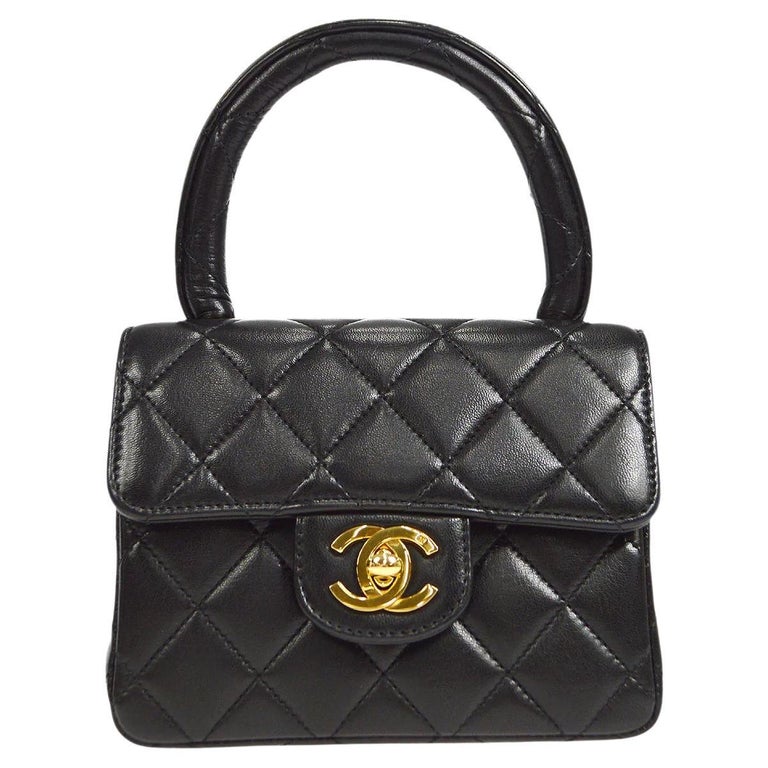 CHANEL Black Lambskin Leather Gold Small Micro Mini Kelly Top Handle  Evening Bag