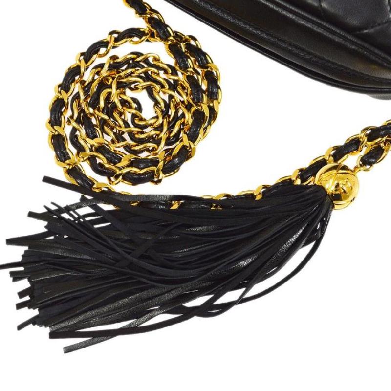 CHANEL Black Lambskin Leather Gold Tassel Evening Pocket Camera Shoulder Bag In Good Condition In Chicago, IL