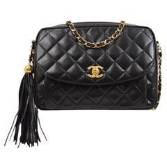 Vintage CHANEL Black Lambskin Leather Gold Tassel Evening Pocket Camera Shoulder Bag