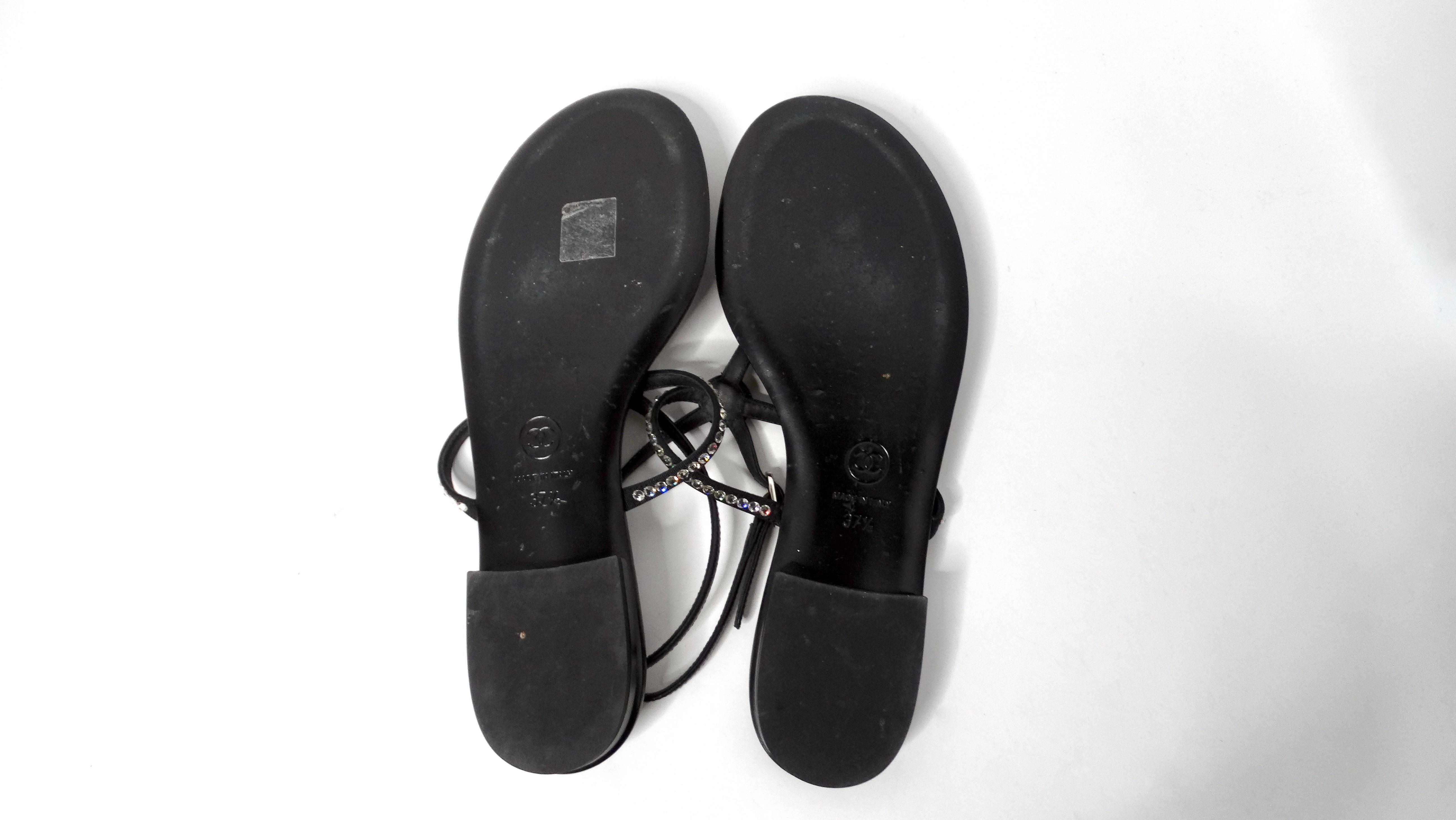 Chanel Black Lambskin Leather Interlocking CC Rhinestone Thong Sandals For Sale 5