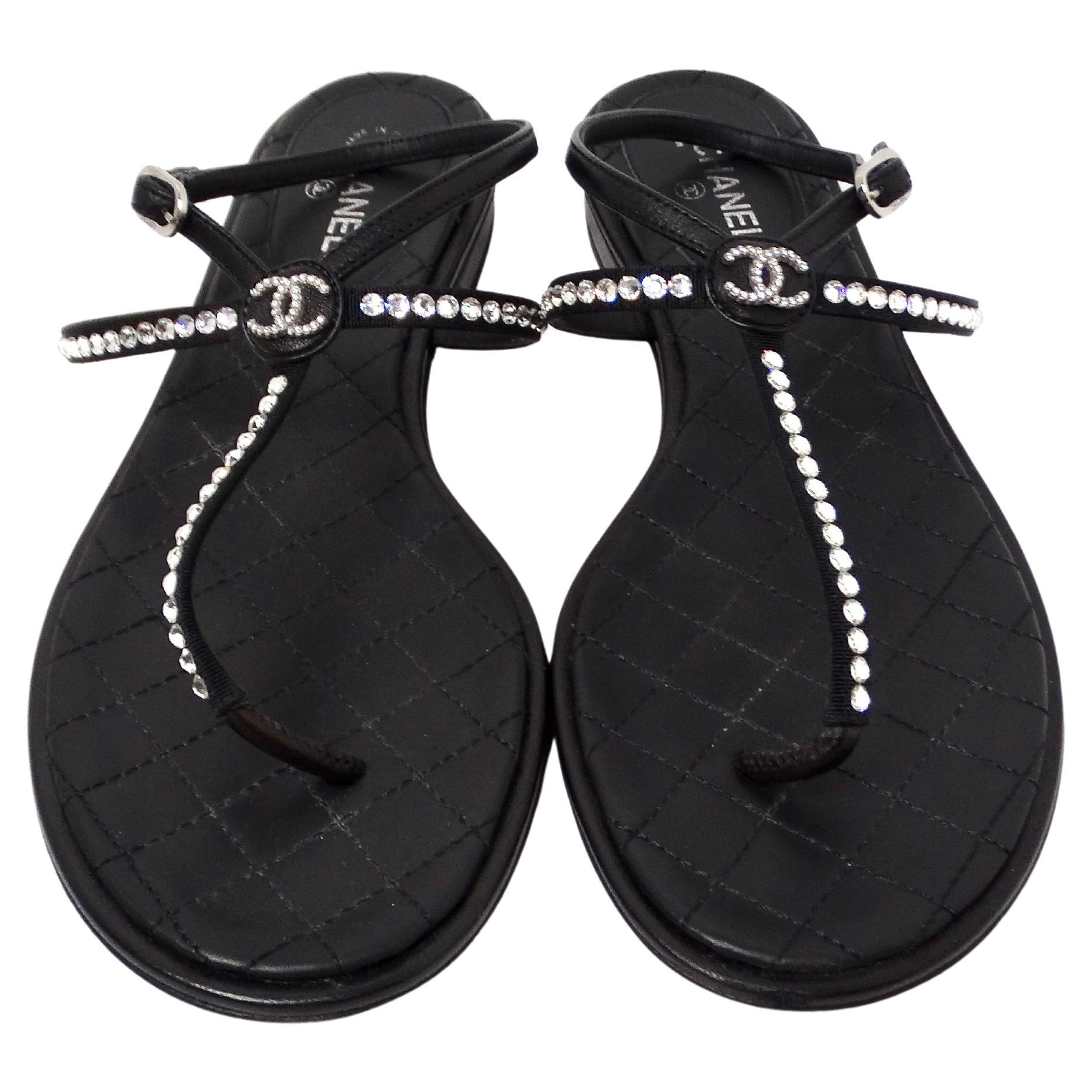 Chanel Black Lambskin Leather Interlocking CC Rhinestone Thong Sandals For Sale