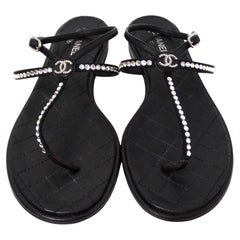 Chanel Black Lambskin Leather Interlocking CC Rhinestone Thong Sandals