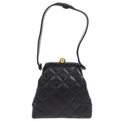 Chanel Black Lambskin Leather Kiss Lock Mini Small Party Top Handle Satchel Bag