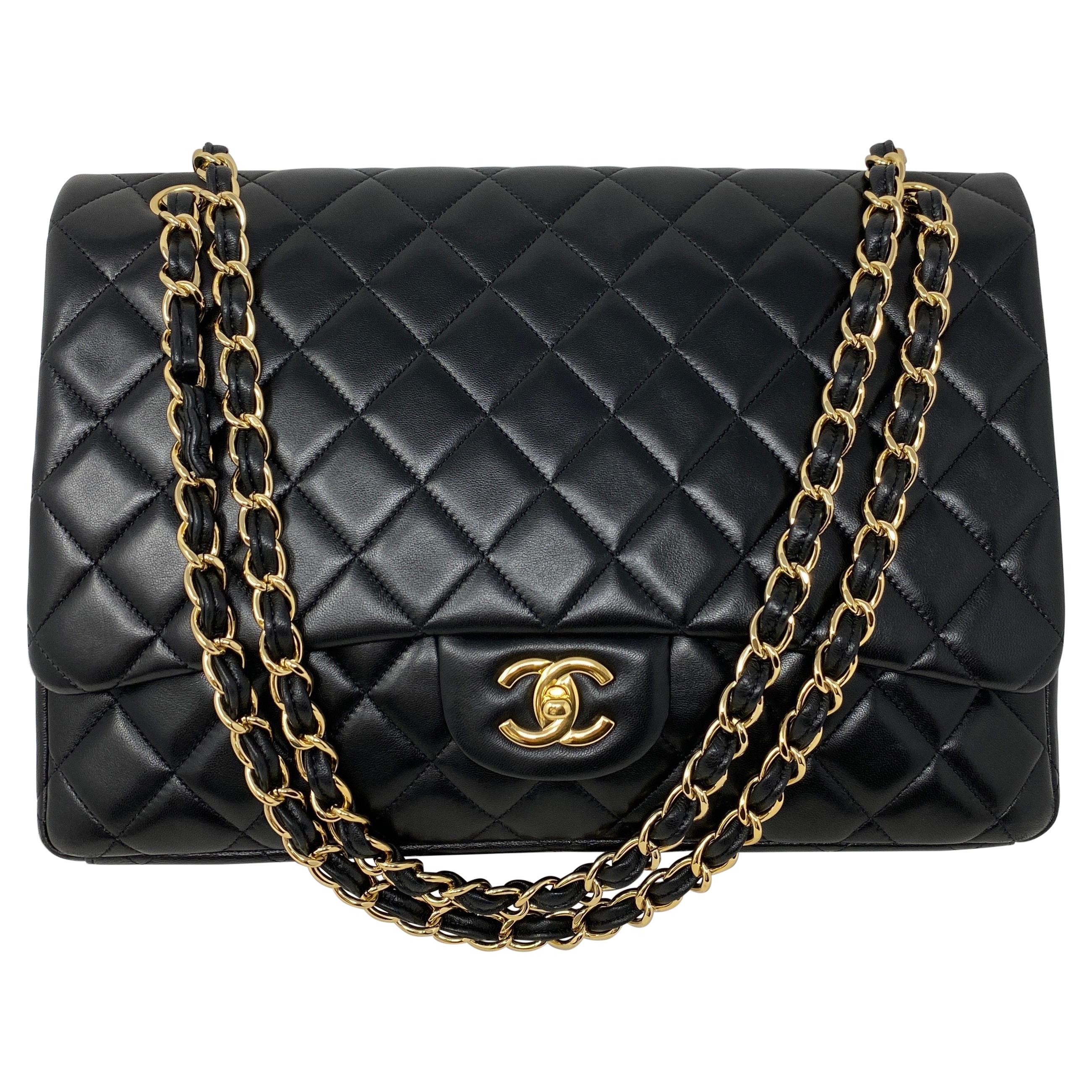 Chanel Black Lambskin Leather Maxi Bag 