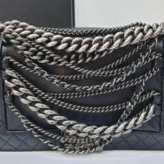 CHANEL Black Lambskin Leather Multi Chains Boy Bag