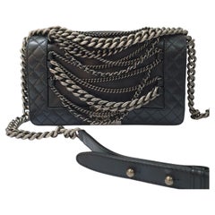 CHANEL Black Lambskin Leather Multi Chains Boy Bag