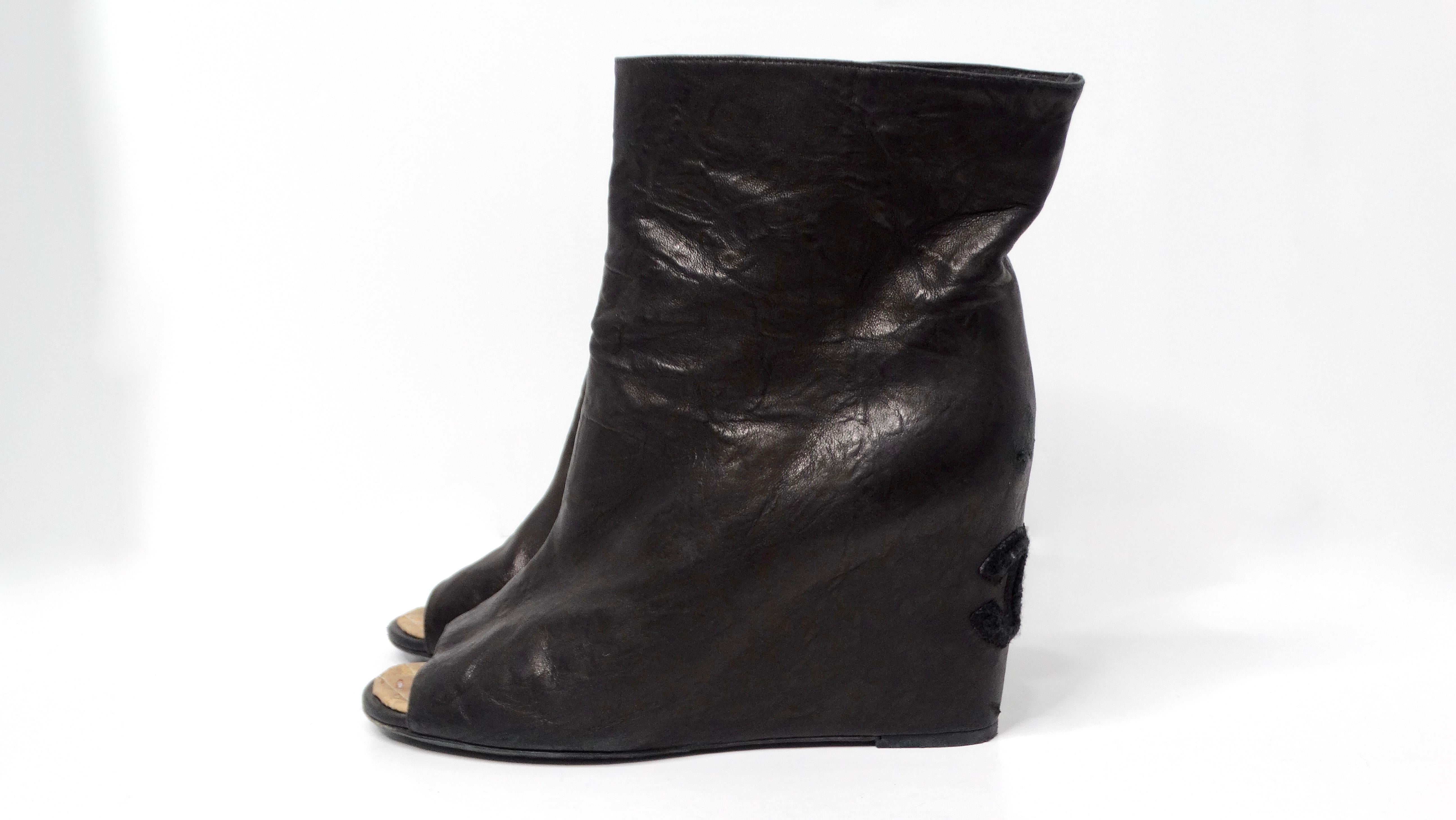 Chanel Black Lambskin Leather Peep Toe Wedge Ankle Boots In Good Condition For Sale In Scottsdale, AZ