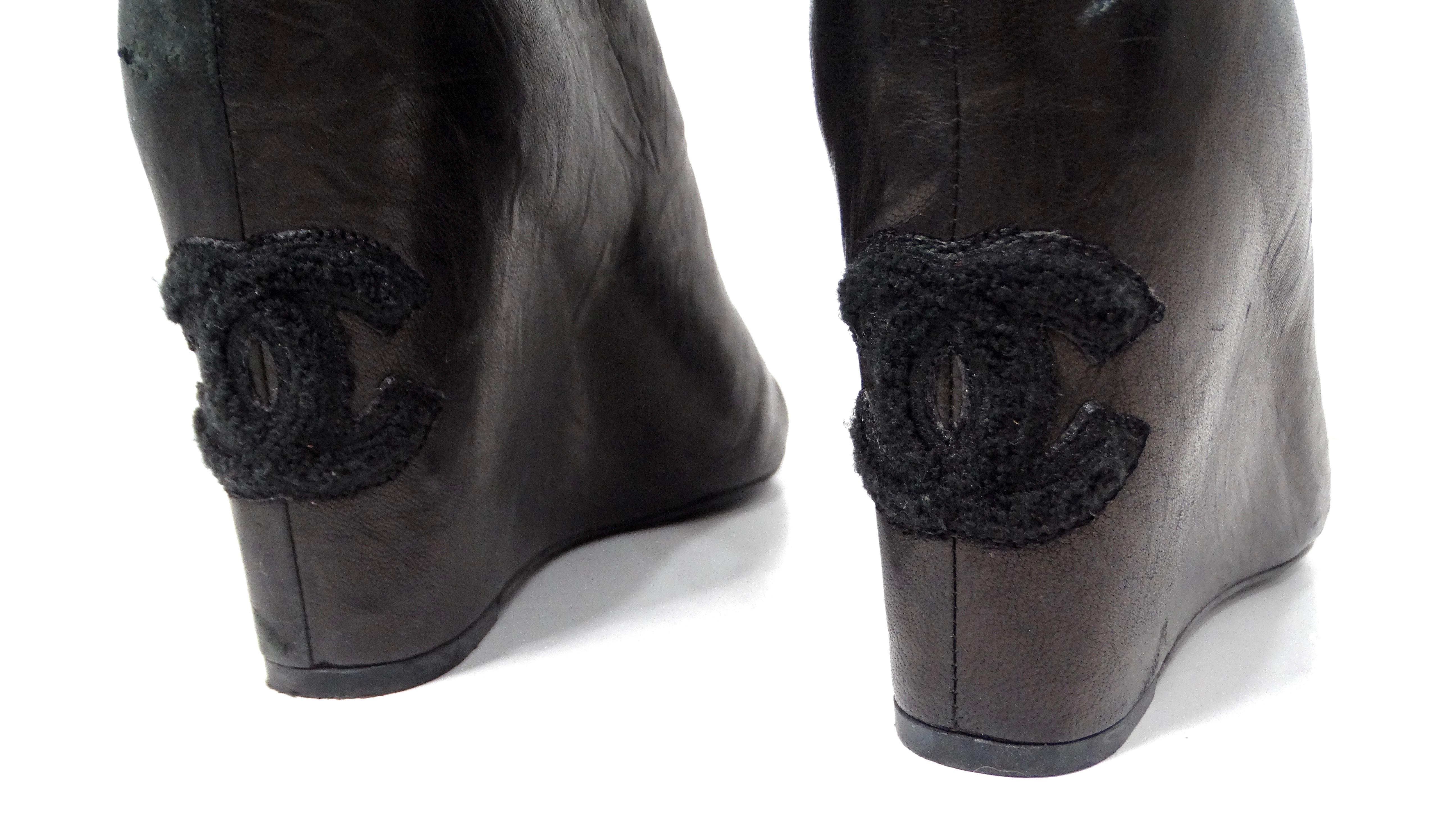 Women's Chanel Black Lambskin Leather Peep Toe Wedge Ankle Boots For Sale