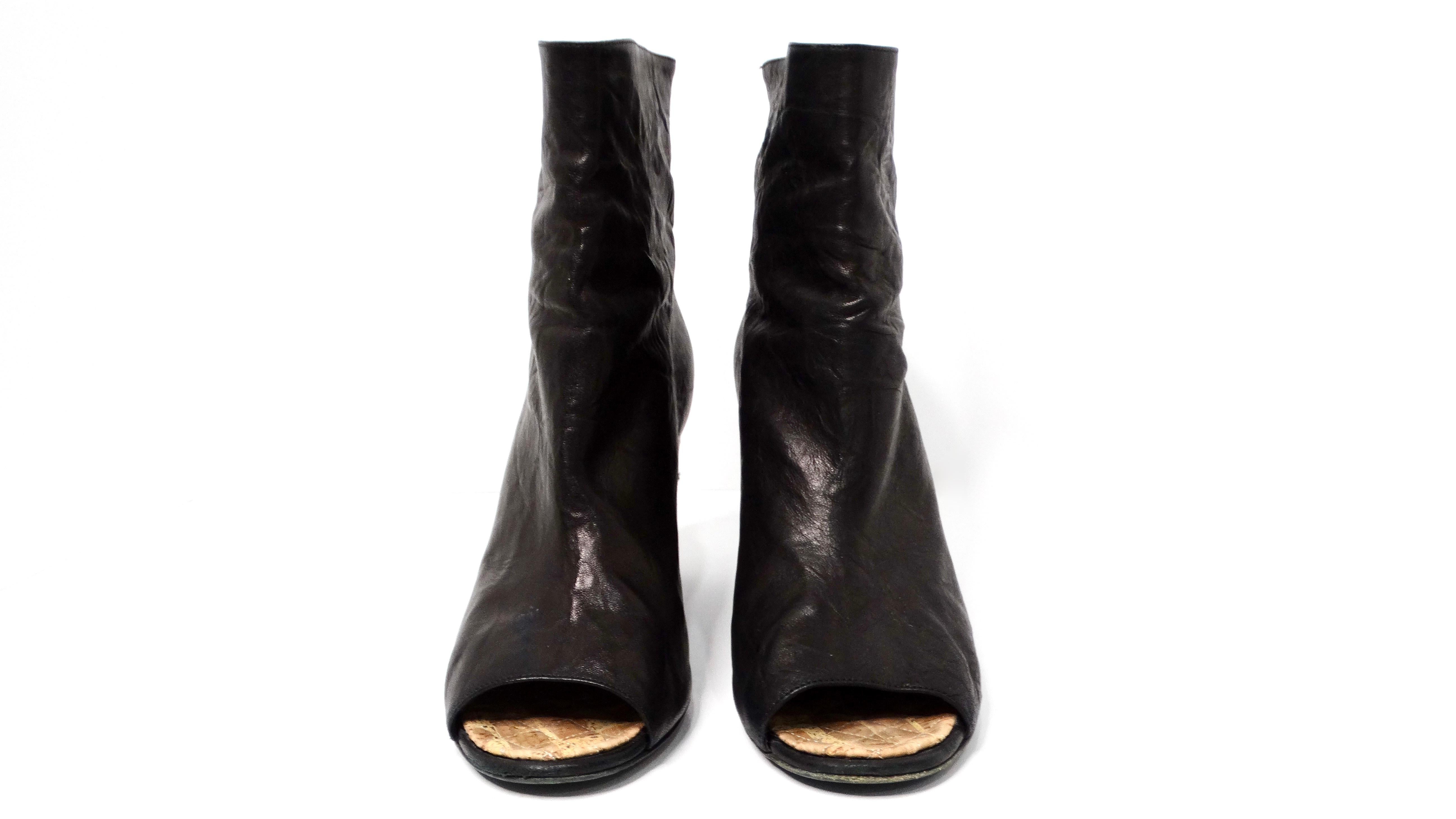 Chanel Black Lambskin Leather Peep Toe Wedge Ankle Boots For Sale 1