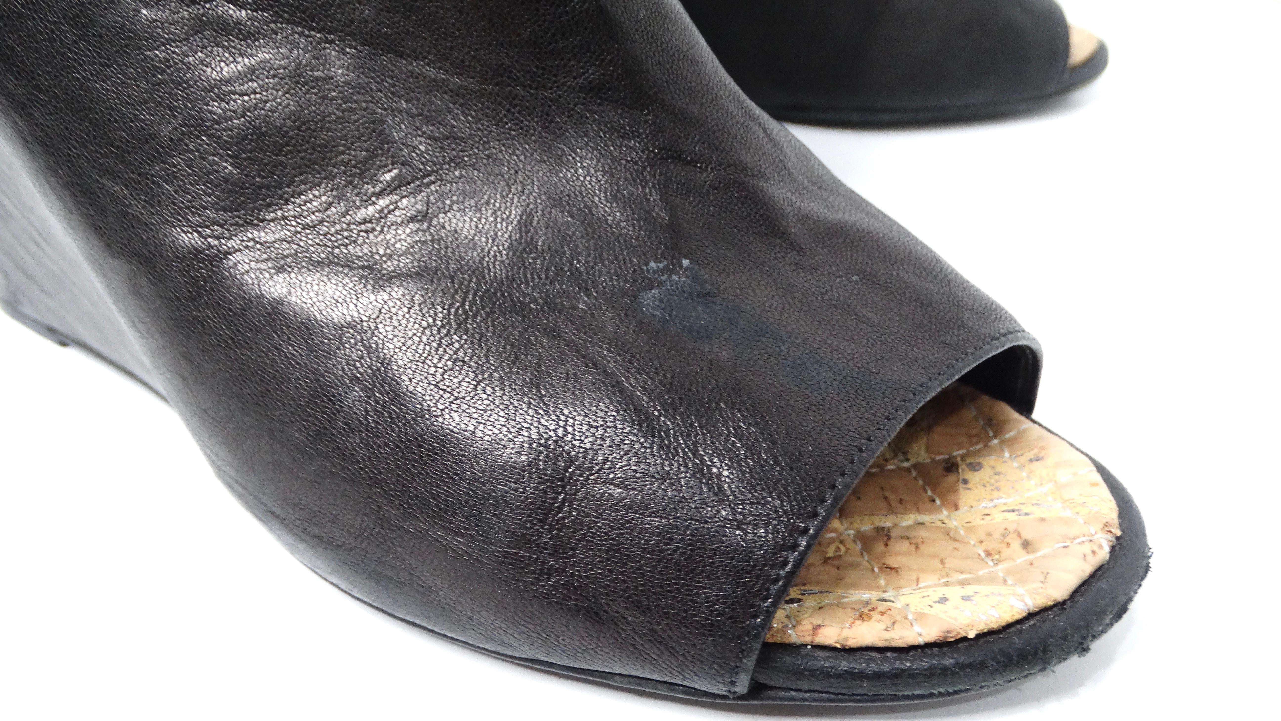Chanel Black Lambskin Leather Peep Toe Wedge Ankle Boots For Sale 3