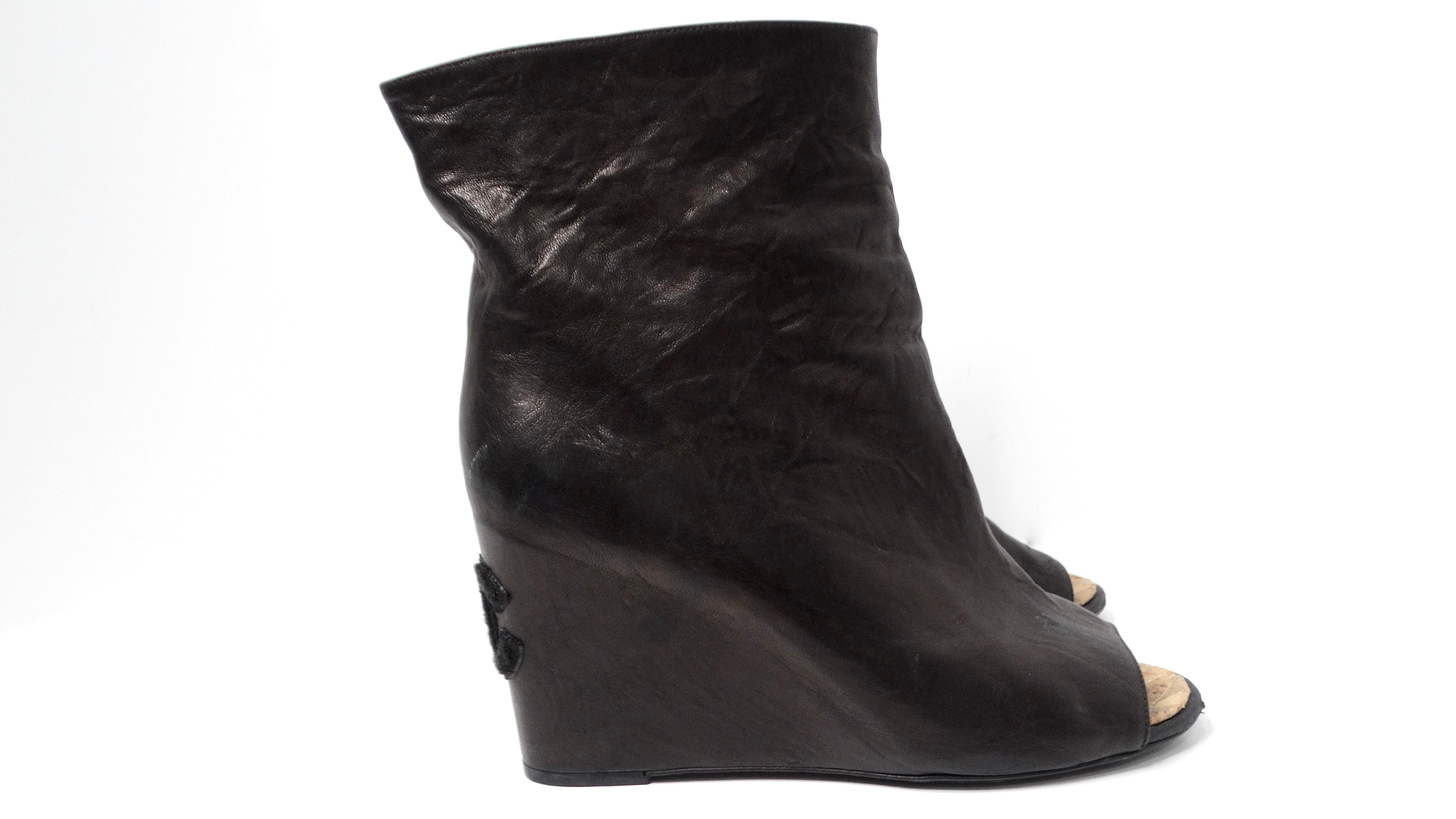 Chanel Black Lambskin Leather Peep Toe Wedge Ankle Boots For Sale 4
