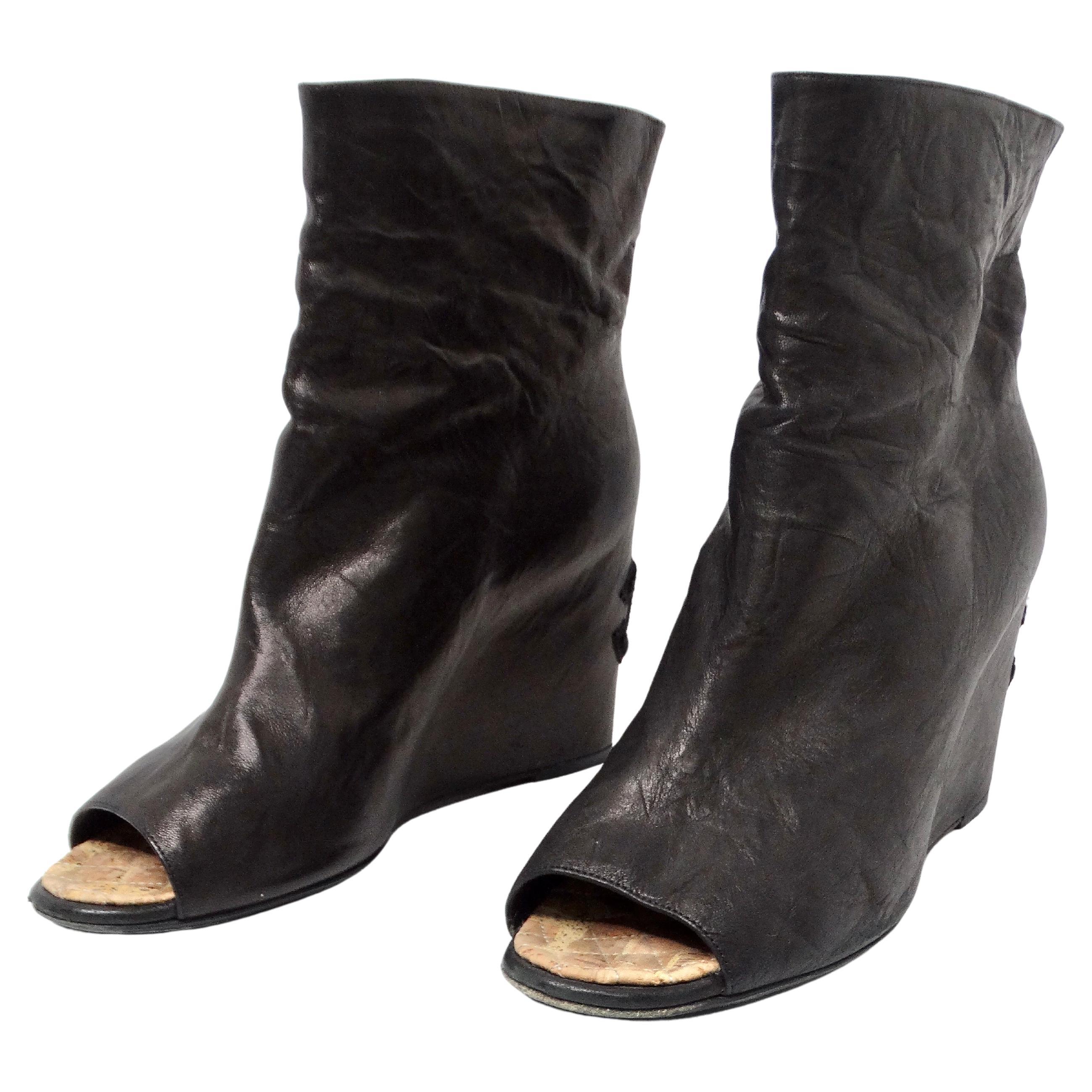Chanel Black Lambskin Leather Peep Toe Wedge Ankle Boots For Sale