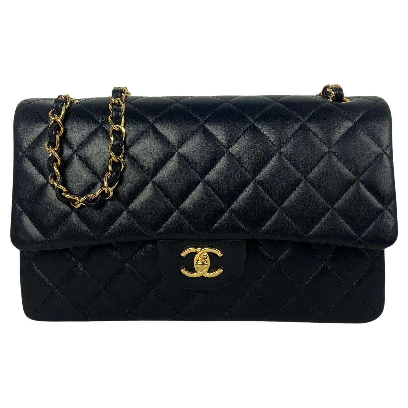 Chanel Black Lambskin Leather Quilted Classic Double Flap Jumbo Bag w/ Gold HW