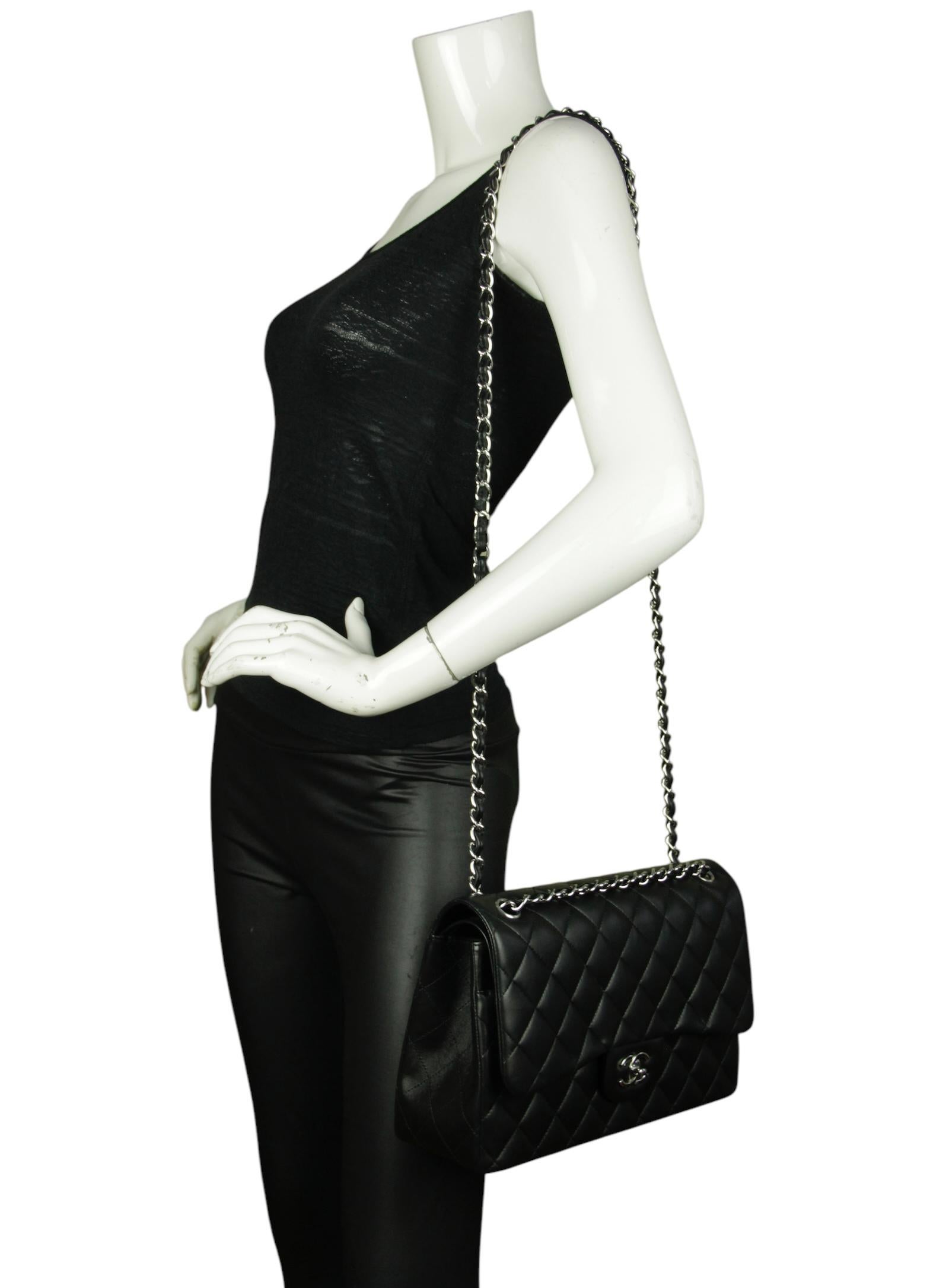 Chanel Black Lambskin Leather Quilted Classic Double Flap Jumbo Bag with Silver In Excellent Condition For Sale In New York, NY