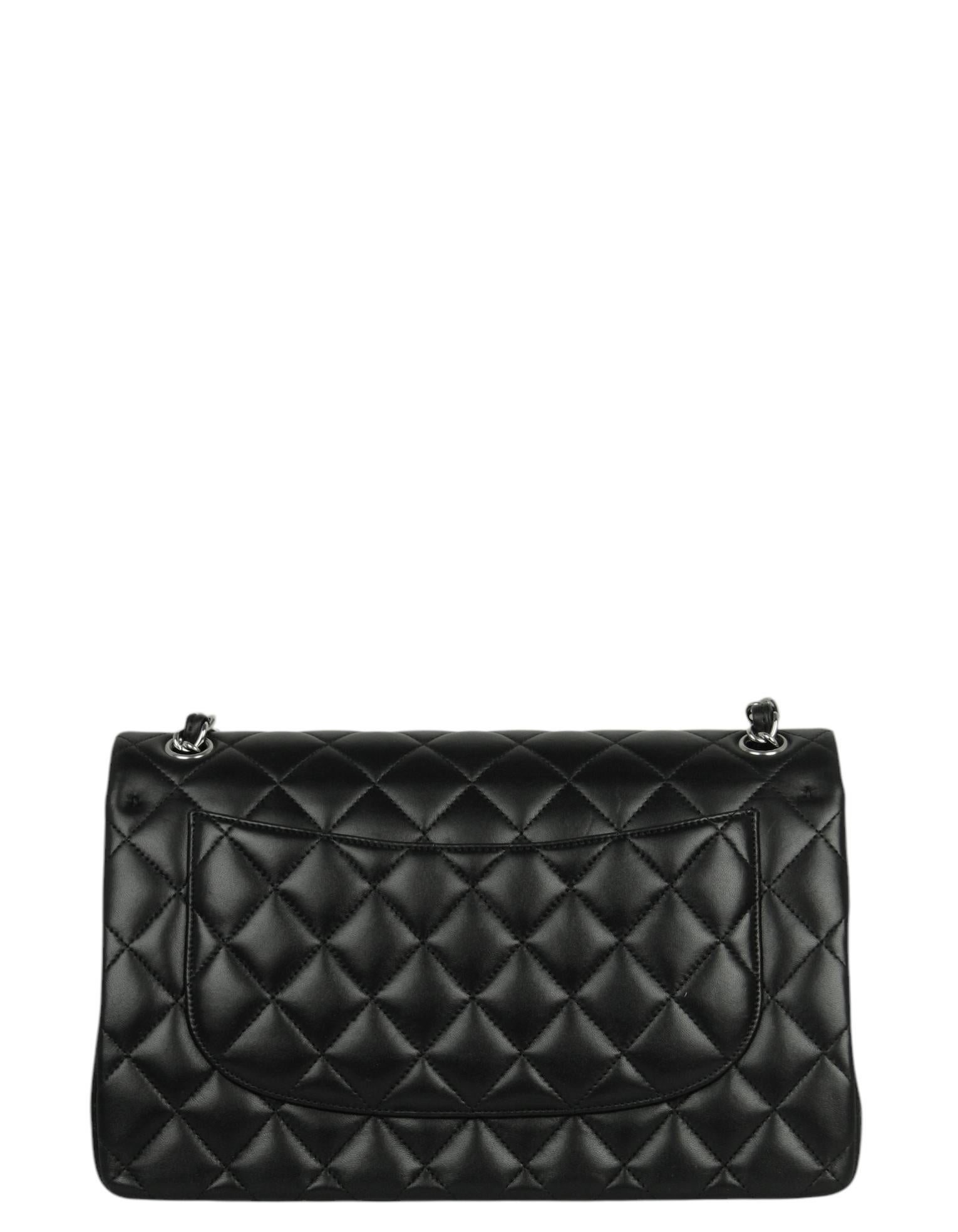 Women's Chanel Black Lambskin Leather Quilted Classic Double Flap Jumbo Bag with Silver For Sale