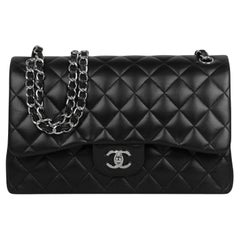 Chanel Black Lambskin Leather Quilted Classic Double Flap Jumbo Bag with Silver