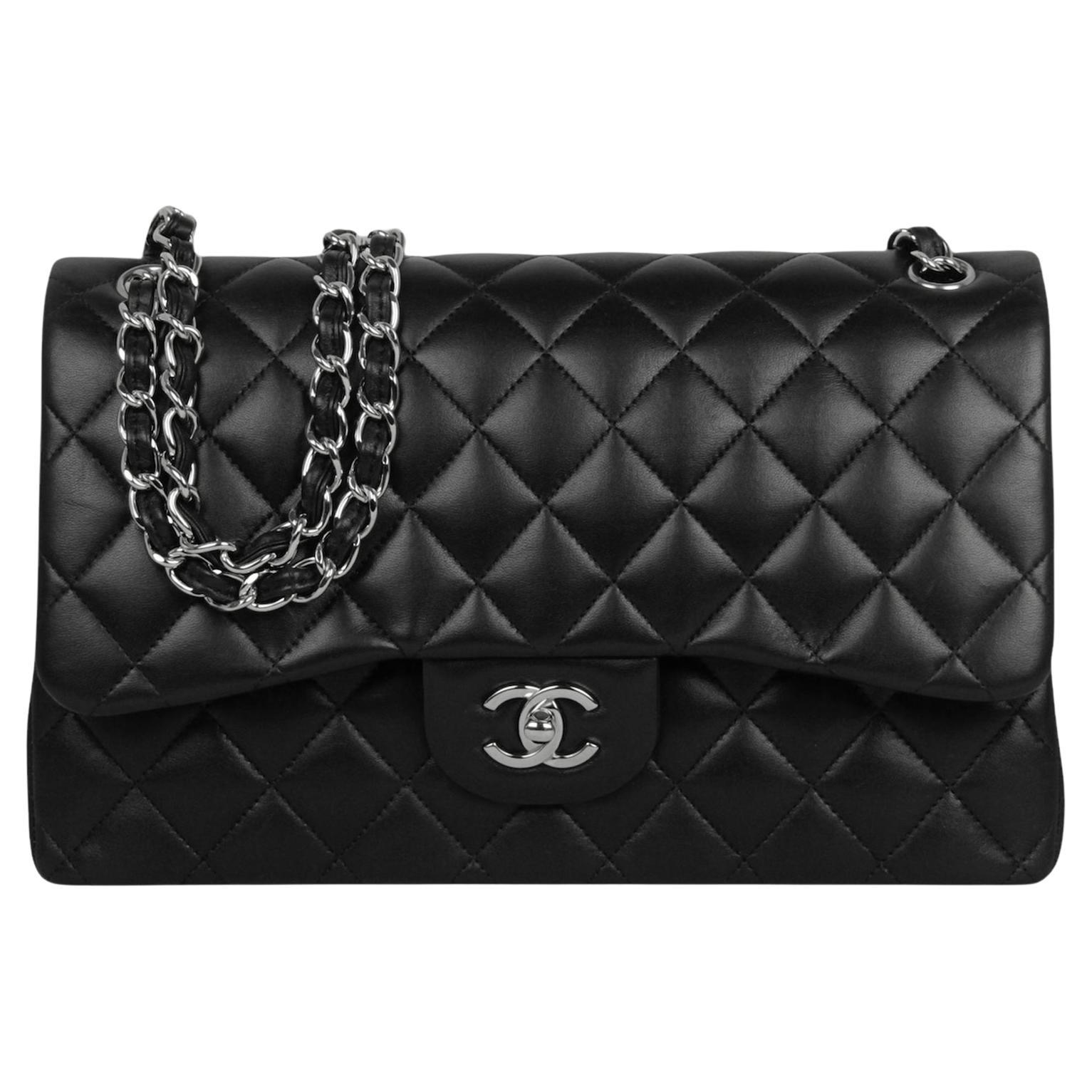 Chanel Black Lambskin Leather Quilted Classic Double Flap Jumbo Bag with Silver