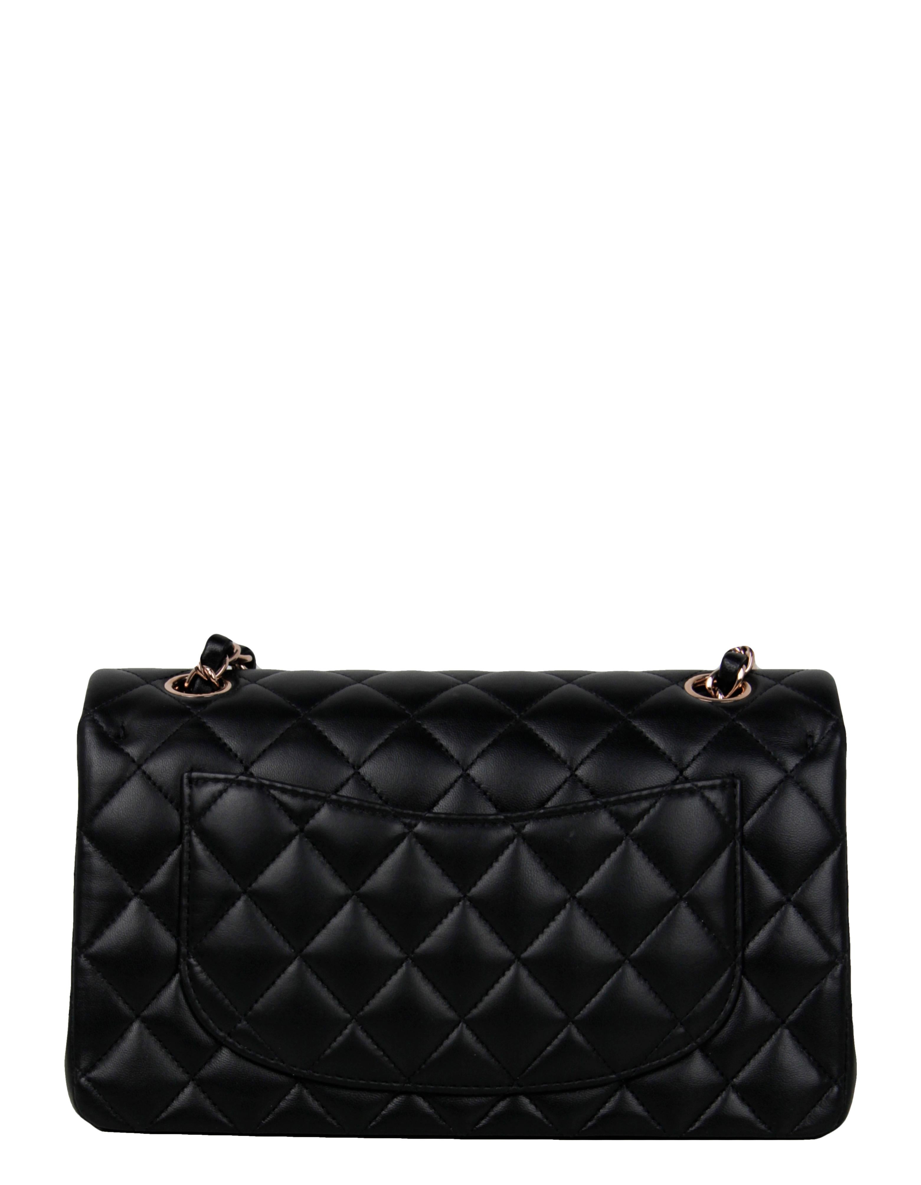 Chanel Black Lambskin Leather Quilted Classic Double Flap Sm Bag w/ Rose Gold HW In Excellent Condition In New York, NY