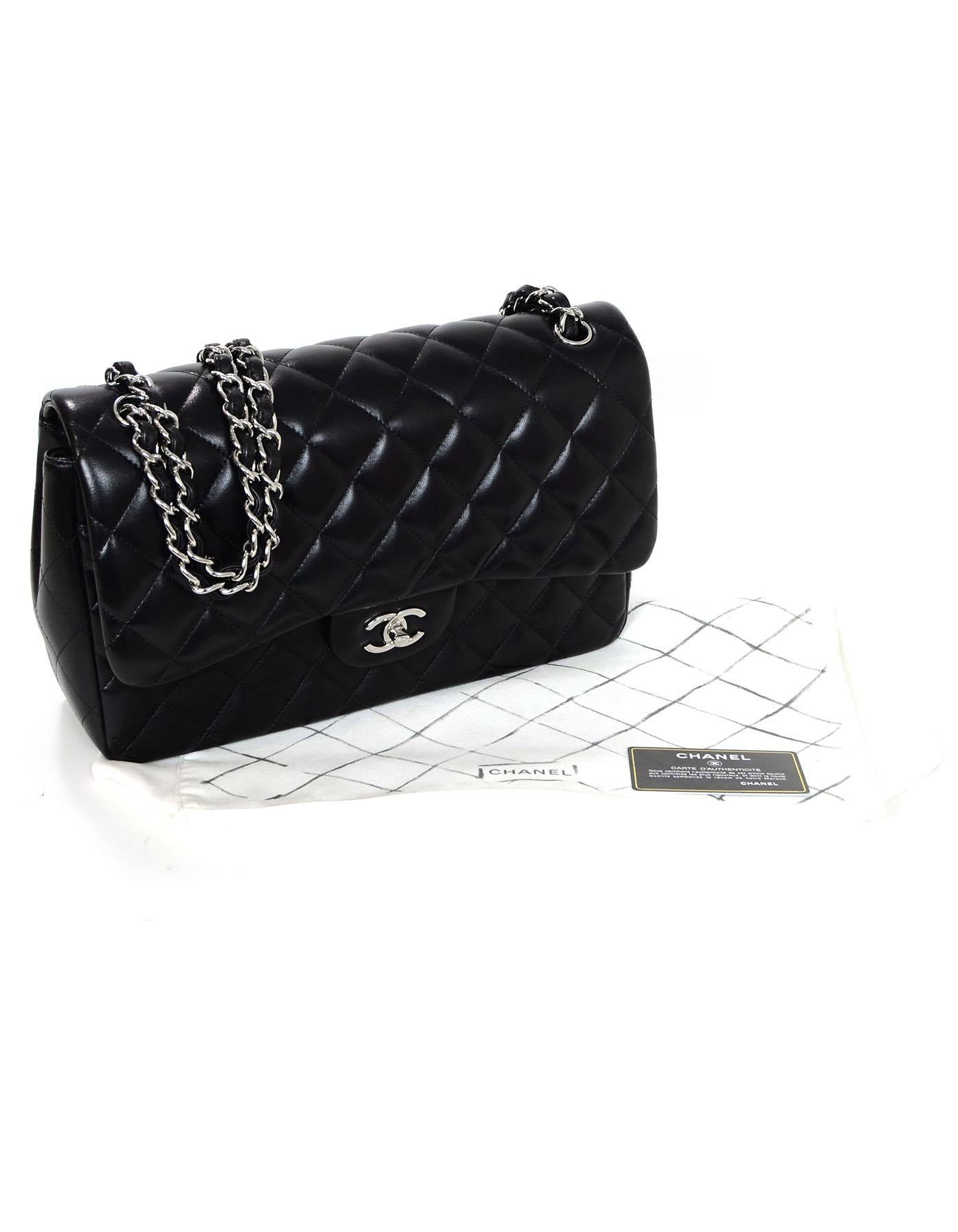 Chanel Black Lambskin Leather Quilted Double Flap Classic Jumbo Bag SHW 6