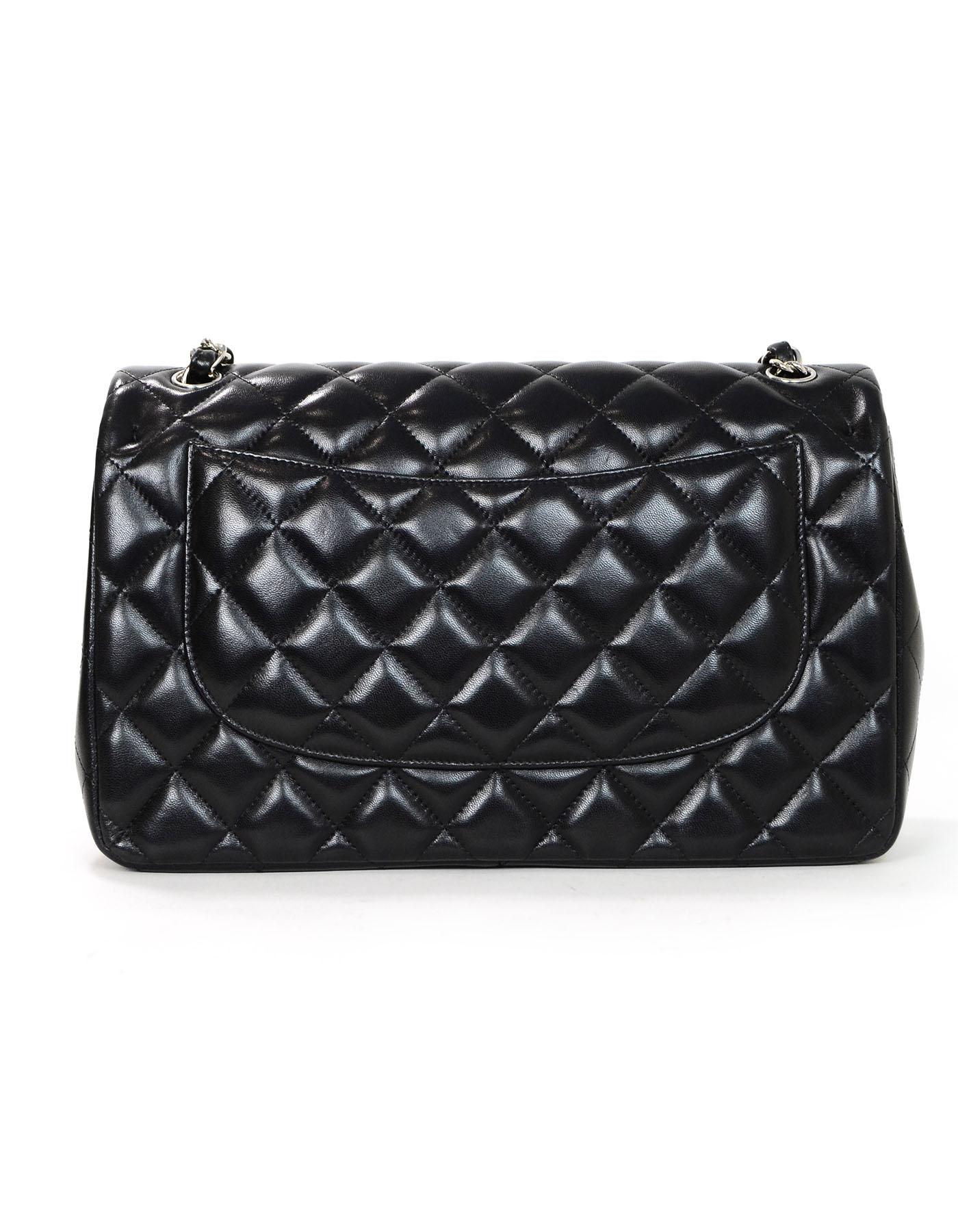 Chanel Black Lambskin Leather Quilted Double Flap Classic Jumbo Bag SHW In Excellent Condition In New York, NY