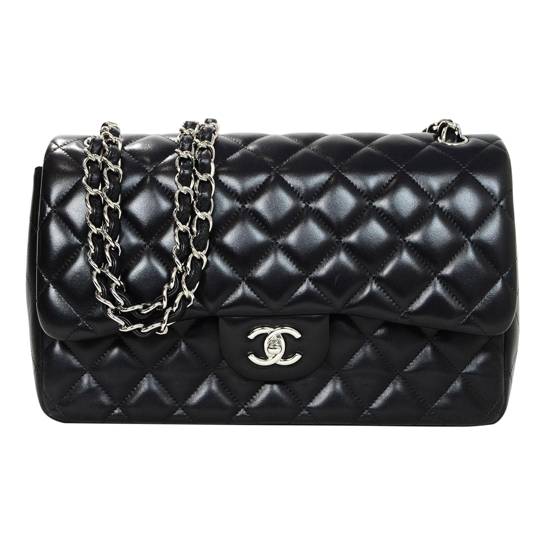 Chanel Black Lambskin Leather Quilted Double Flap Classic Jumbo Bag SHW