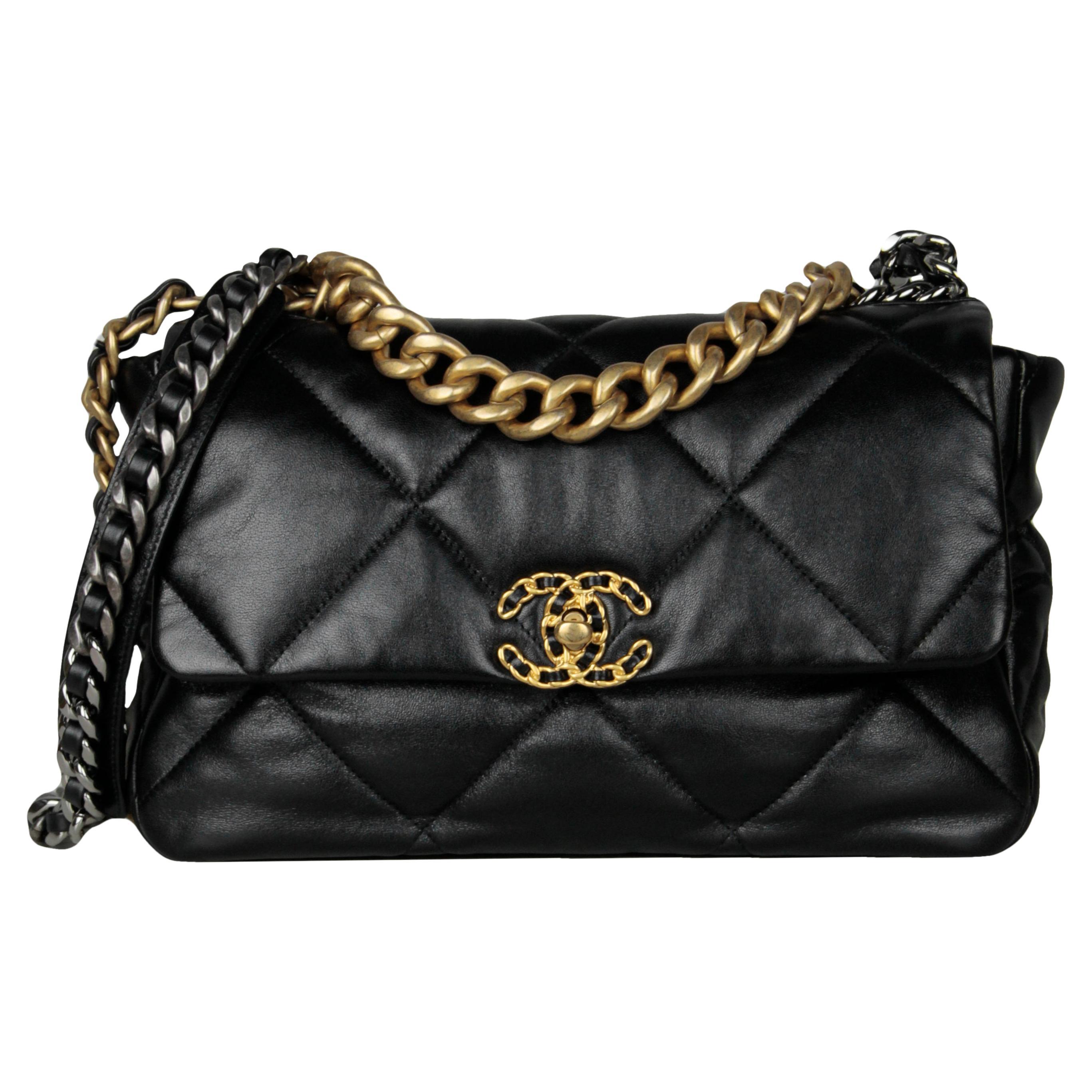Chanel Black Lambskin Leather Quilted Large 19 Flap Bag For Sale