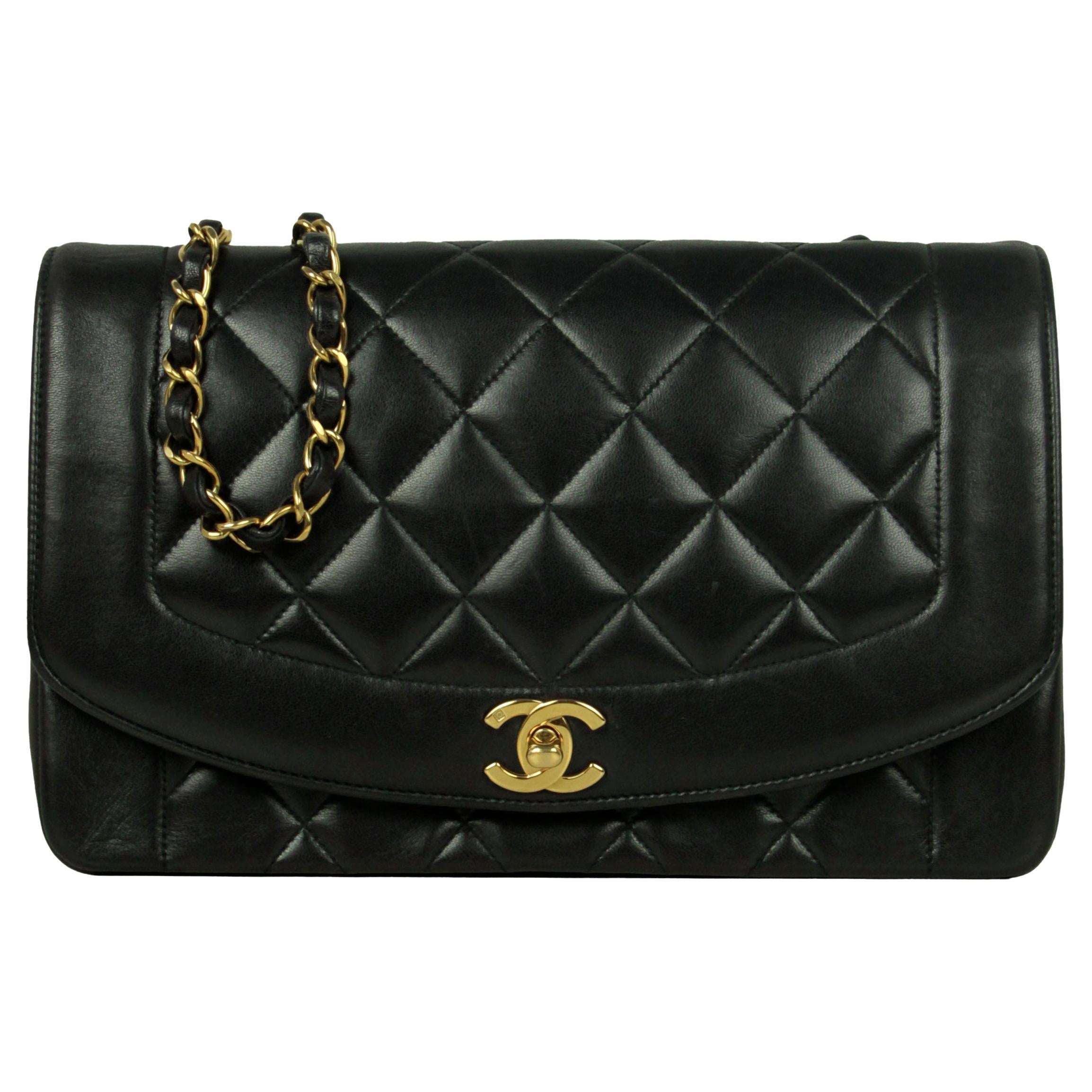Chanel Vintage Black Lambskin Leather Quilted Medium Diana Flap Bag