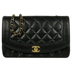 Chanel Vintage Black Lambskin Leather Quilted Medium Diana Flap Bag