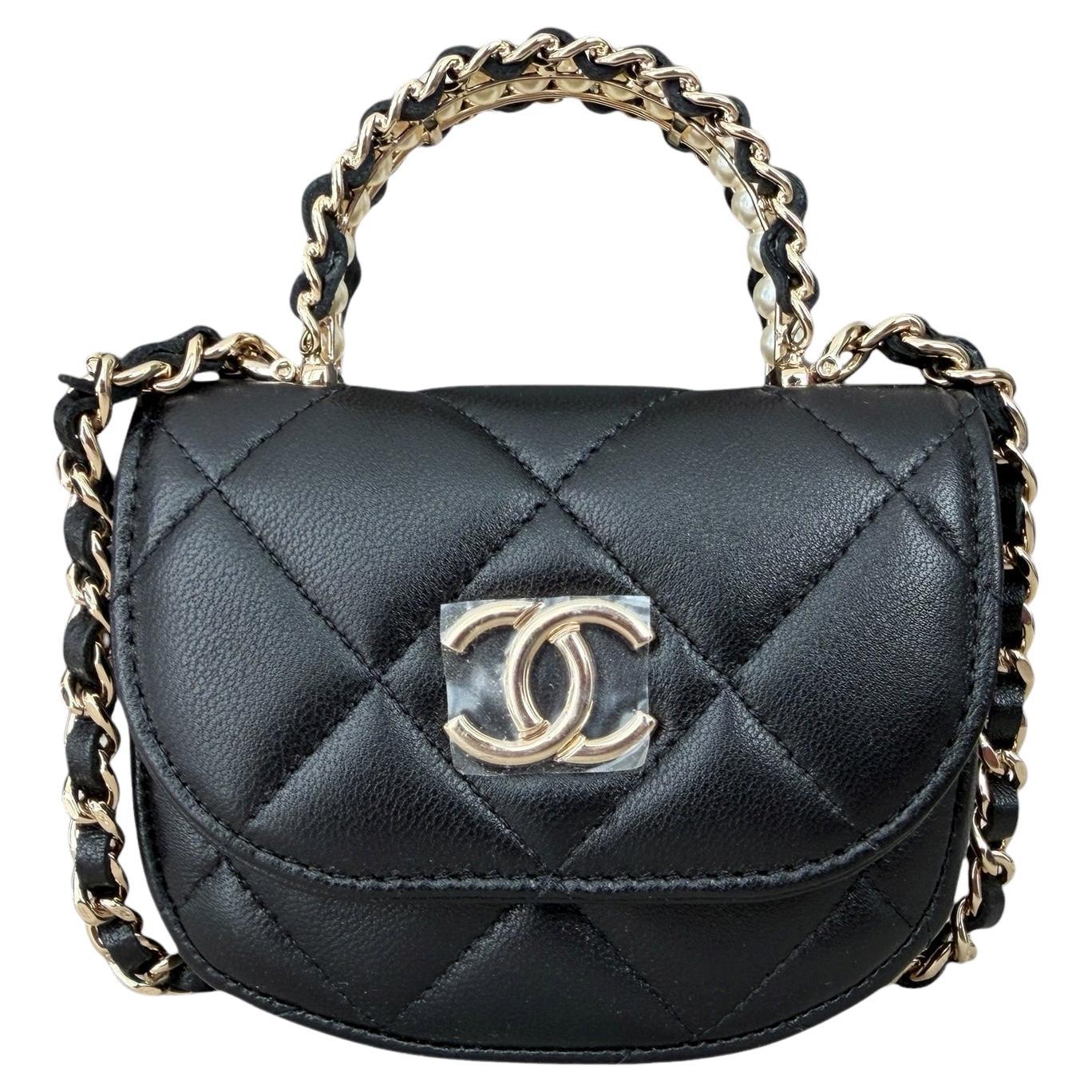 Chanel Black Lambskin Leather Quilted Pearl Top Handle Clutch Crossbody w/ Chain