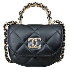 Chanel Black Lambskin Leather Quilted Pearl Top Handle Clutch Crossbody w/ Chain