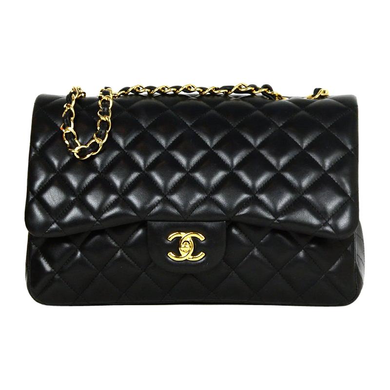 Chanel Black Lambskin Leather Quilted Single Flap Jumbo Classic Bag