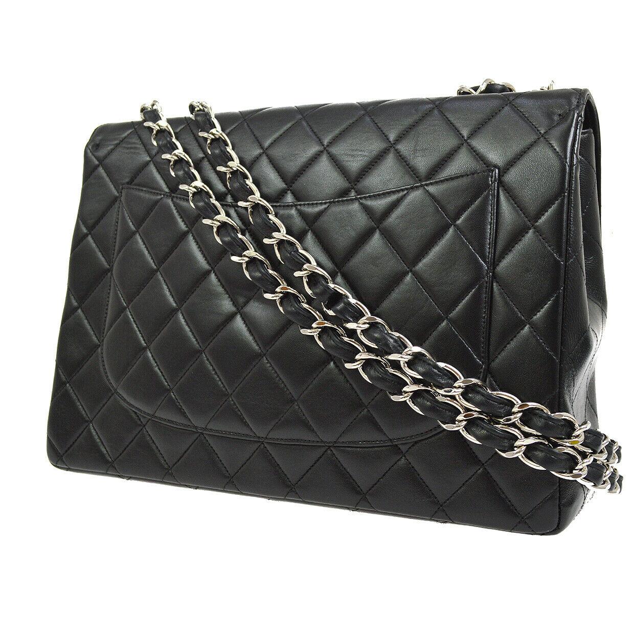 Chanel Black Lambskin Leather Silver Jumbo Evening Shoulder Flap Bag In Good Condition In Chicago, IL