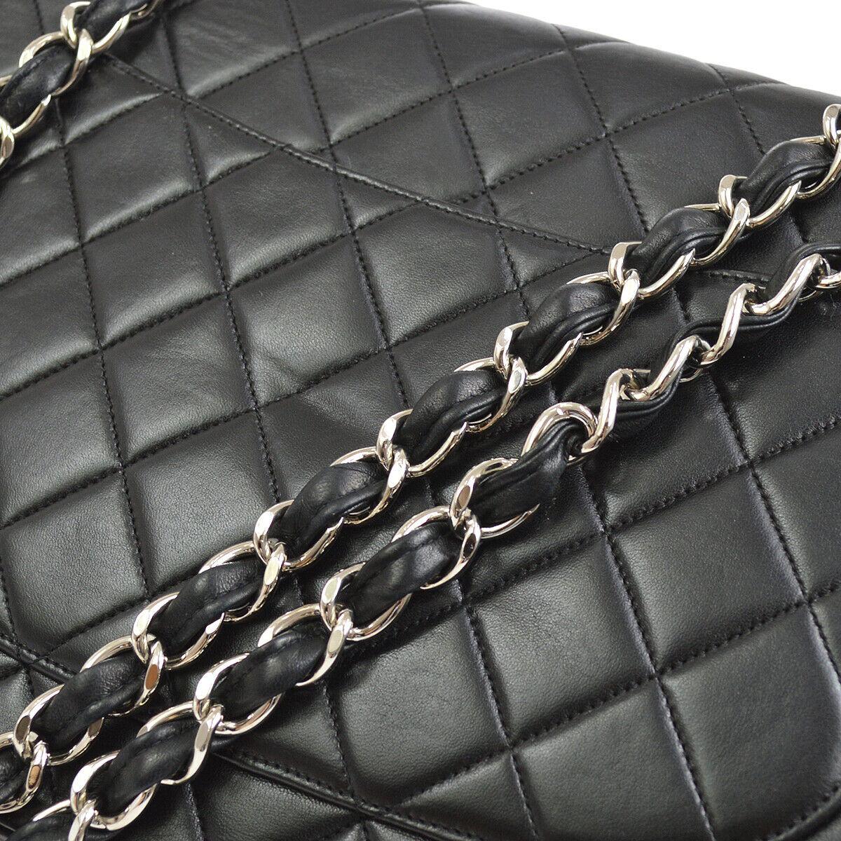 Women's Chanel Black Lambskin Leather Silver Jumbo Evening Shoulder Flap Bag