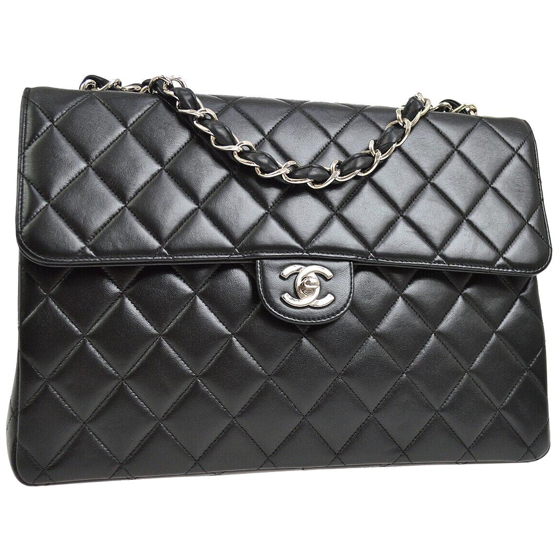 Chanel Black Lambskin Leather Silver Jumbo Evening Shoulder Flap Bag